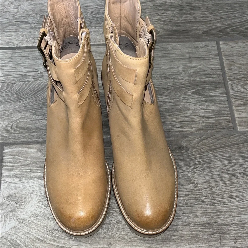 Seychelles Tan Ankle Boots with Triple Buckle Straps and zip closure